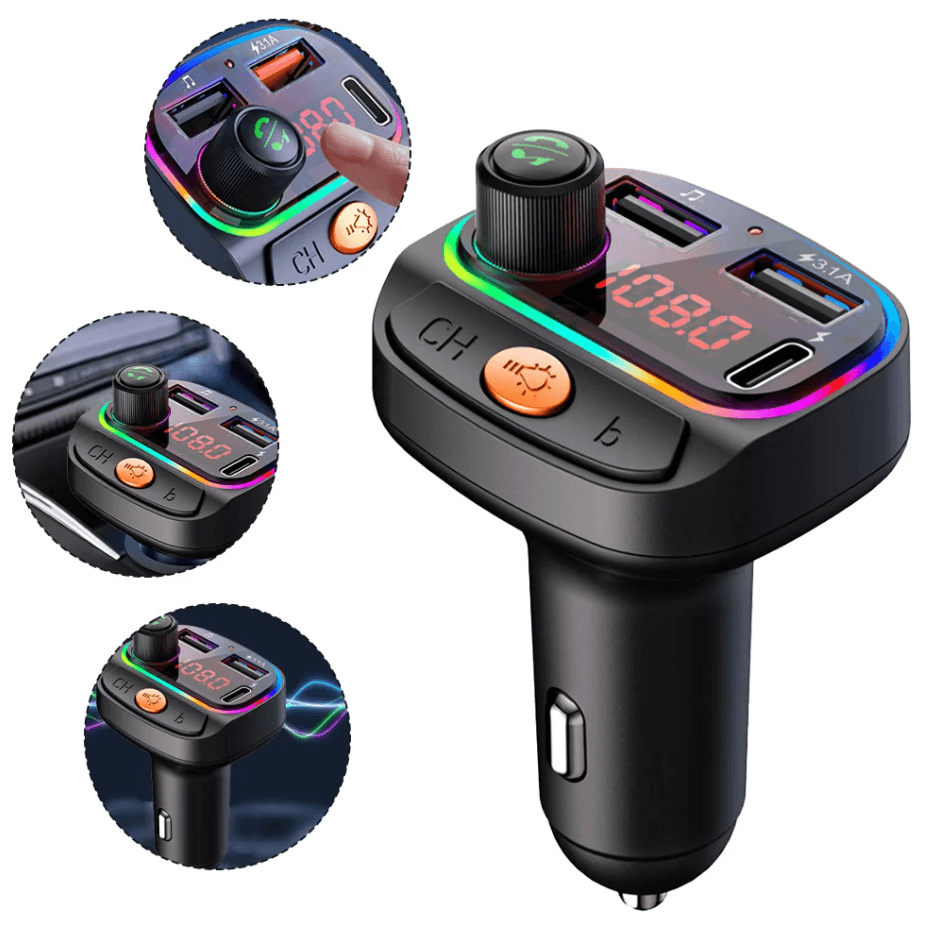 Transmisor Bluetooth FM y cargador tipo C y USB con carga rápida para carro