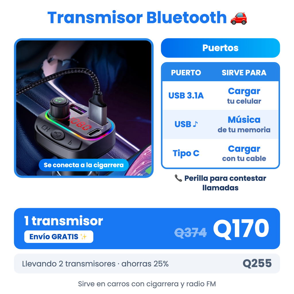 Transmisor Bluetooth para carro: puertos USB y tipo C, precio y envío gratis