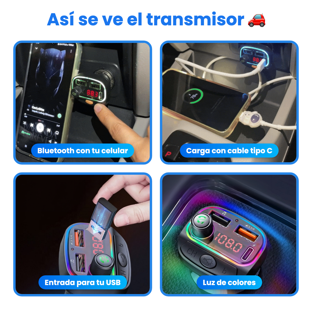 Así se ve el transmisor Bluetooth: Bluetooth con el celular, carga tipo C, entrada USB y luz de colores