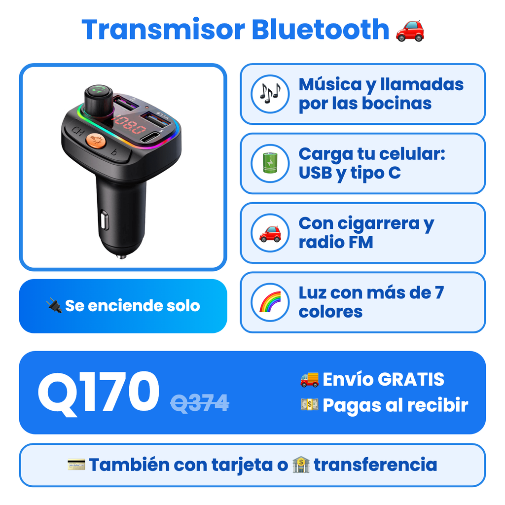Transmisor Bluetooth: música, carga, cigarrera y radio FM, precio y envío gratis